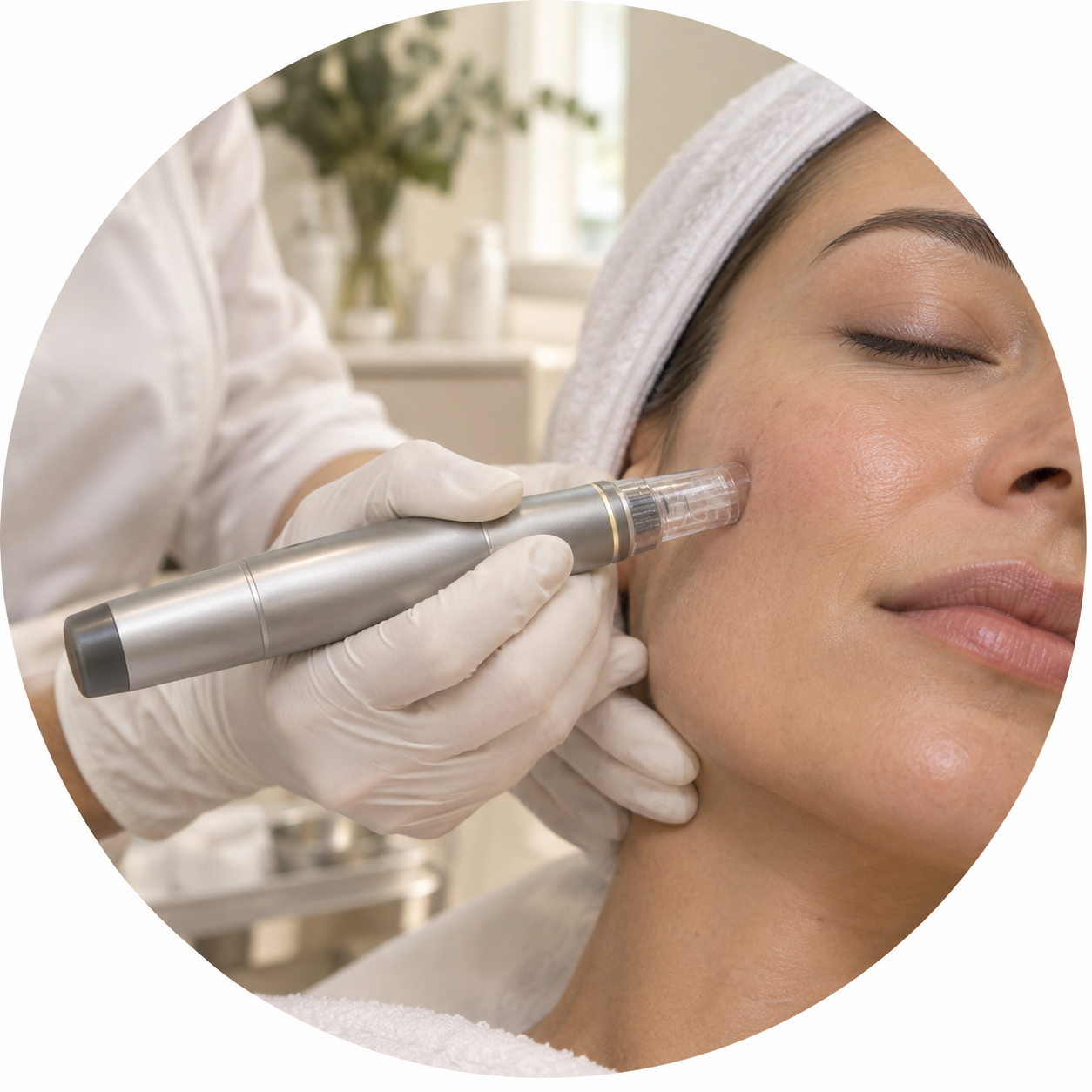 Illustrative photo of a client receiving microneedling in a professional clinic